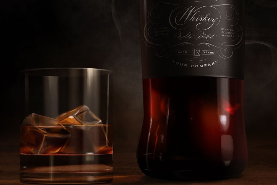 威士忌玻璃酒瓶标签展示模板 Whiskey mock-up, wide dark label插图