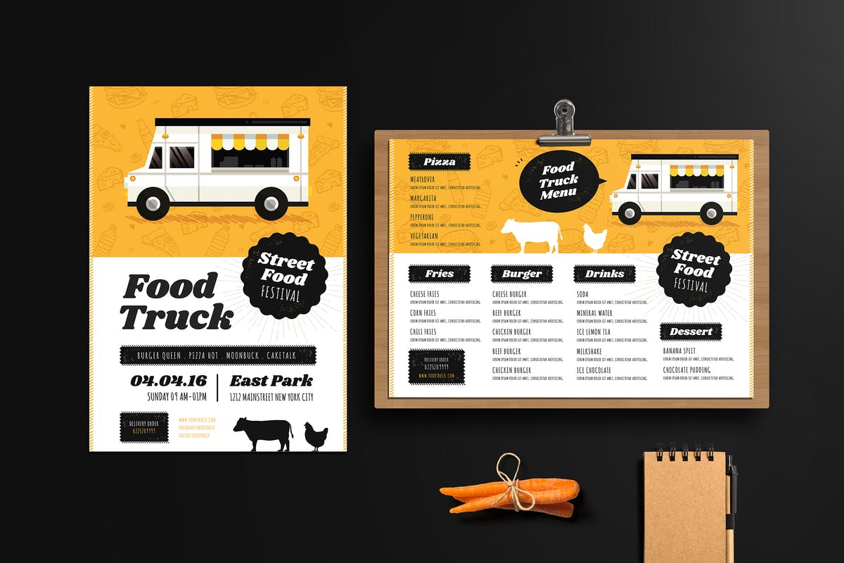 食品快餐车传单＆菜单设计模板 Food Truck Festival Flyer & Menu插图