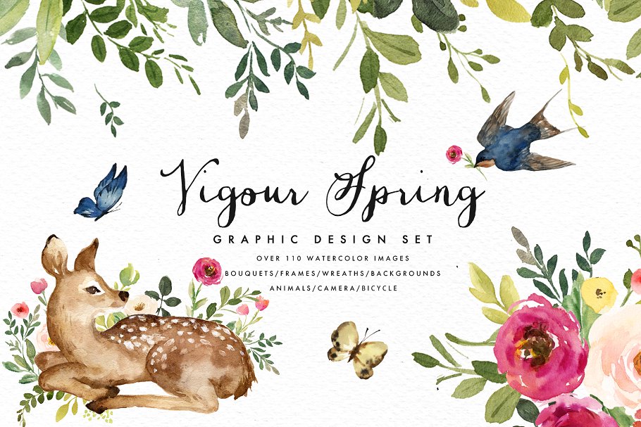 活力春天水彩插画平面设计套装 Vigorous Spring-Graphic Design Set插图