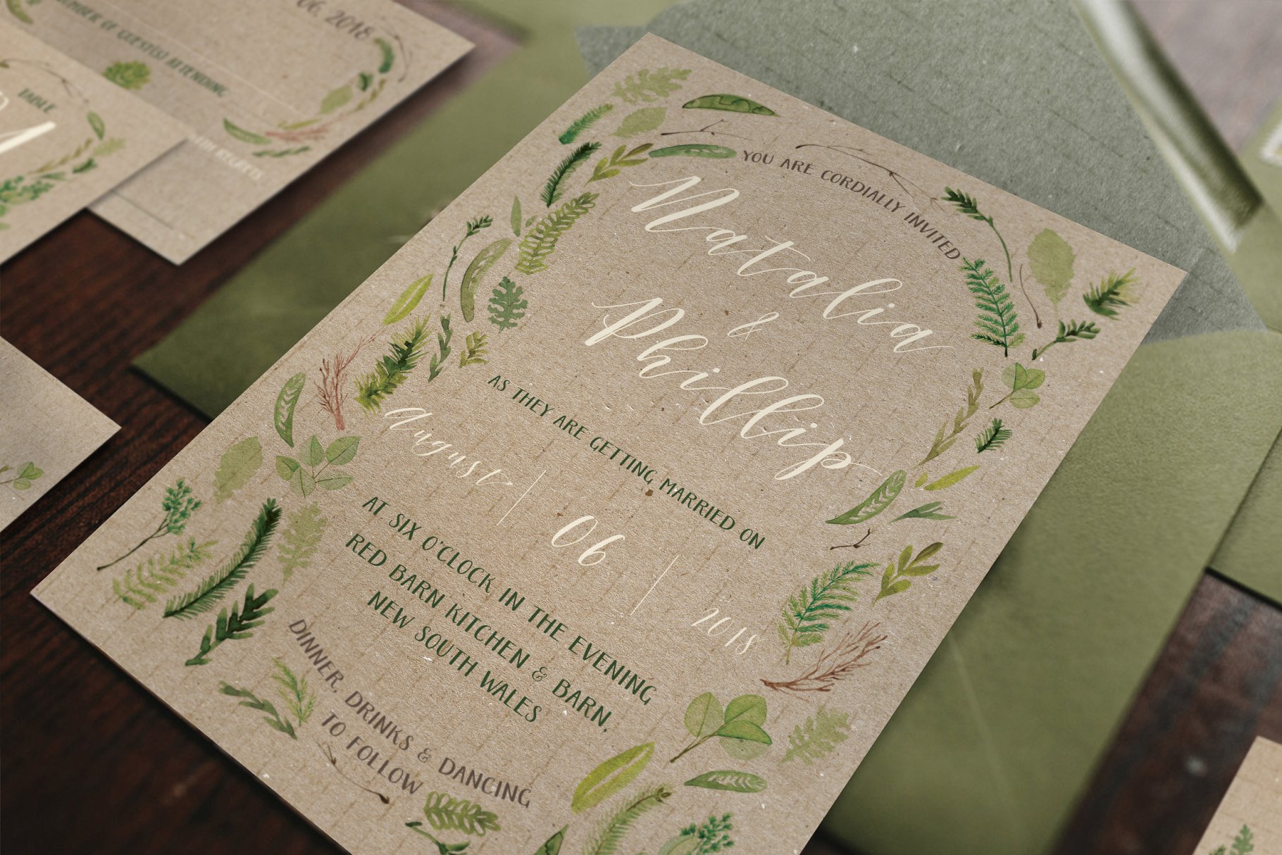 水彩叶子婚礼设计物料模板套装 Watercolor Foliage Wedding Suite插图