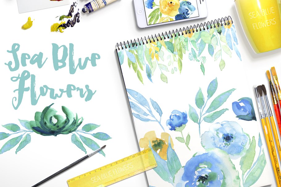 手绘海蓝色水彩花卉图形元素 Sea Blue Flowers插图(1)