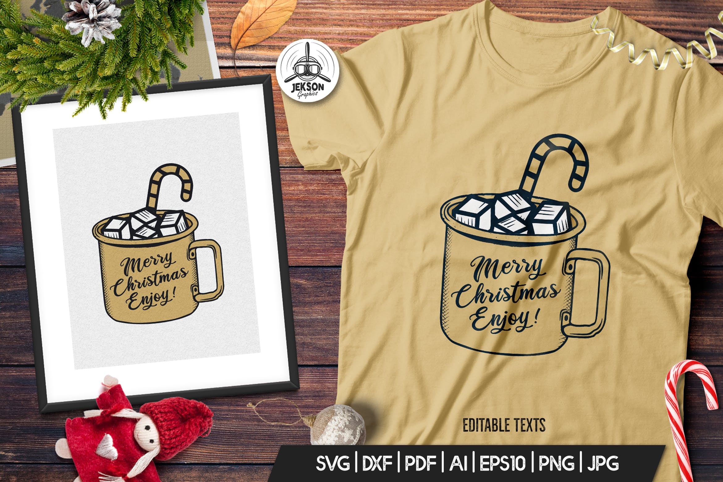 圣诞节主题马克杯手绘图案T恤印花设计素材 Christmas Mug T-Shirt. Vector Print, Holiday SVG插图