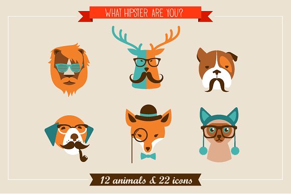 怪诞动物图标集 Hipster Animals & 22 icons插图