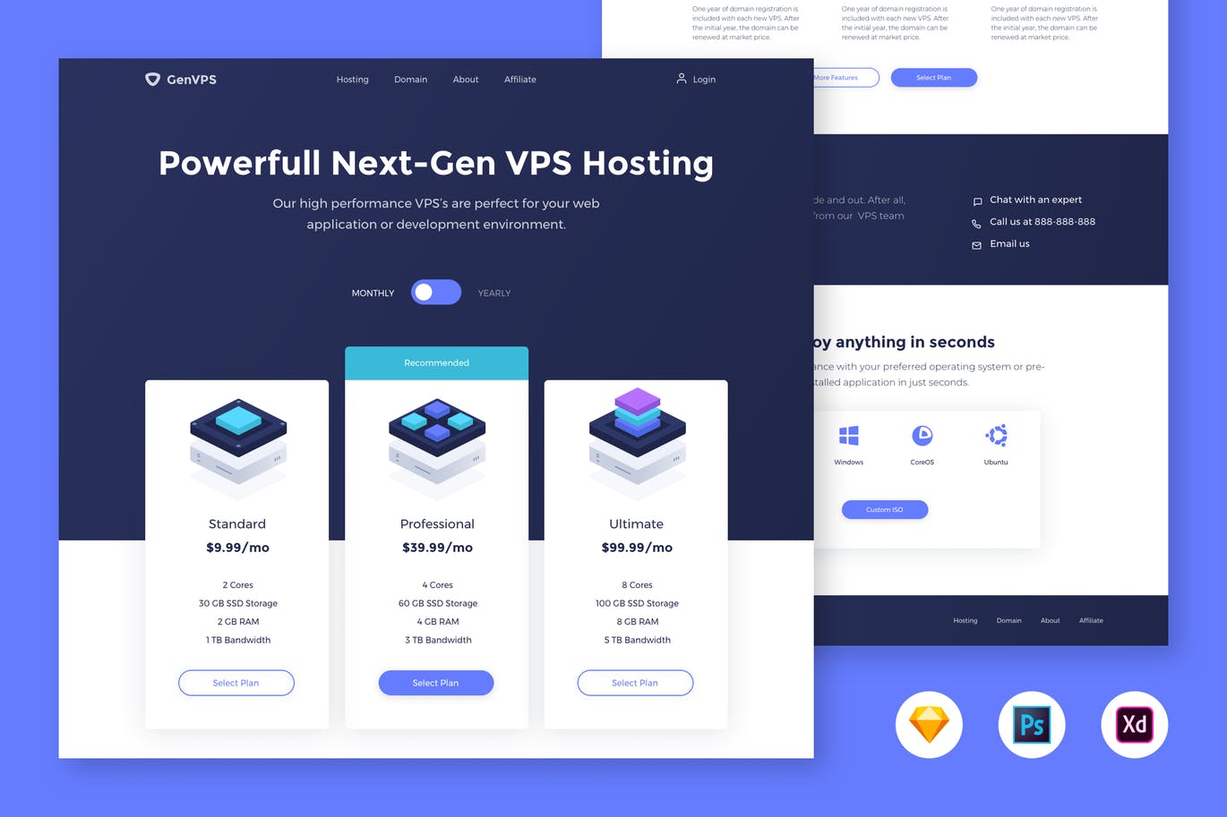 VPS云服务器套餐页面着陆页设计模板[PSD&SKETCH, XD] VPS Hosting Pricing Table – Landing Page Template插图