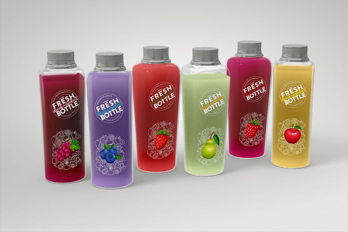 果汁瓶包装外观设计样机模板 Juice Bottle Set Packaging MockUp插图