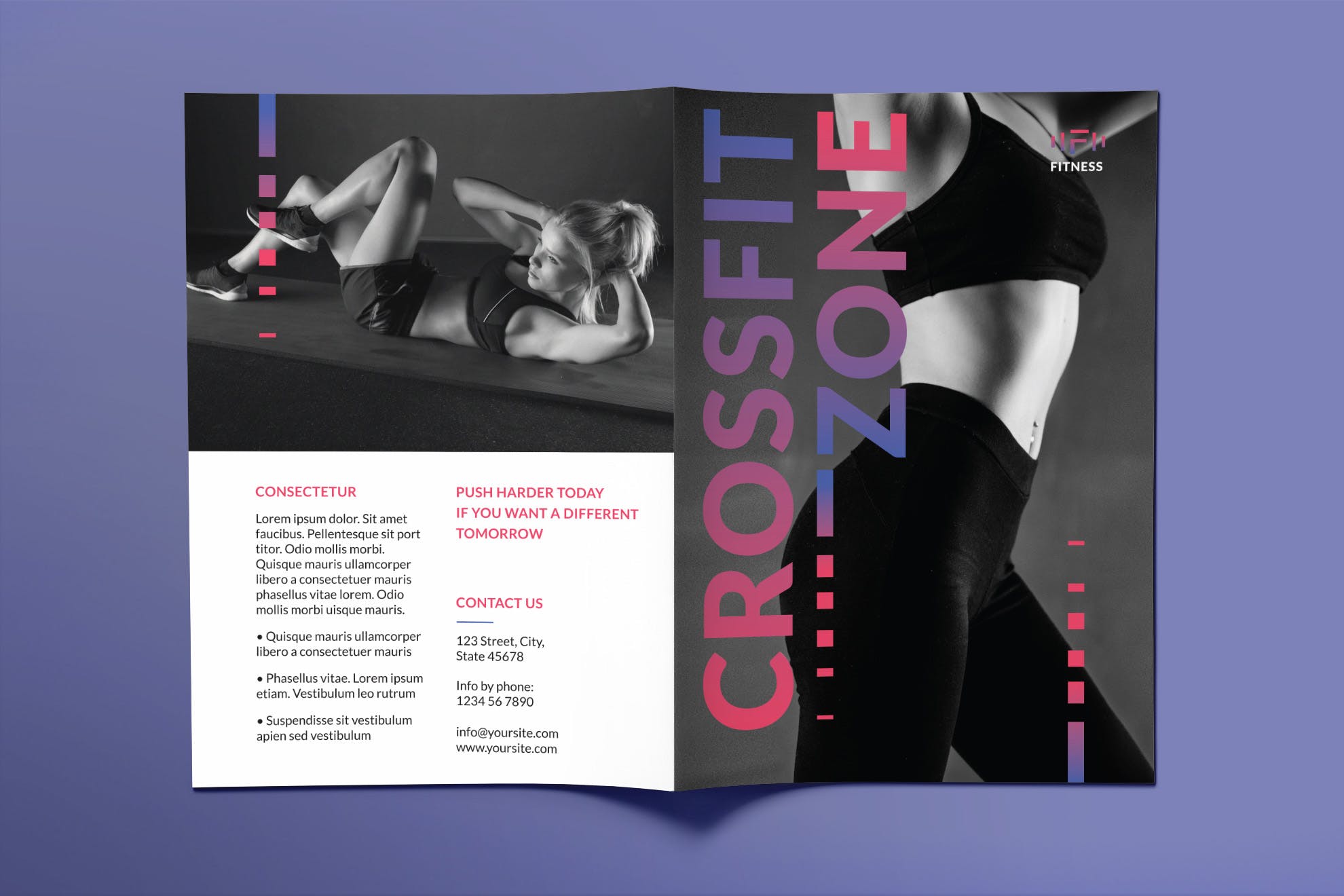 健身俱乐部/工作室对折页宣传单设计模板 Fitness Studio Brochure Bifold插图(1)