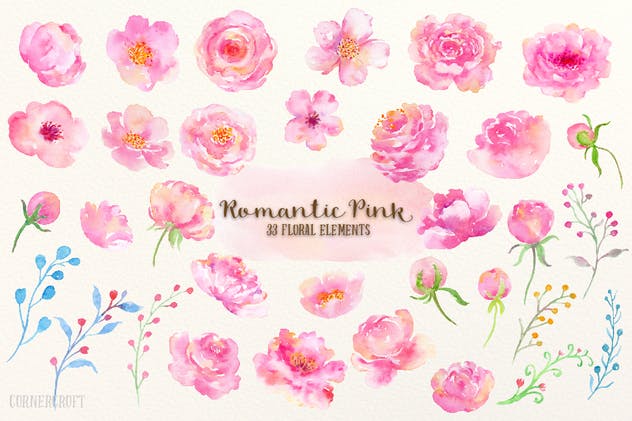 浪漫粉红色水彩插画设计素材合集 Watercolor Design Kit Romantic Pink插图(1)