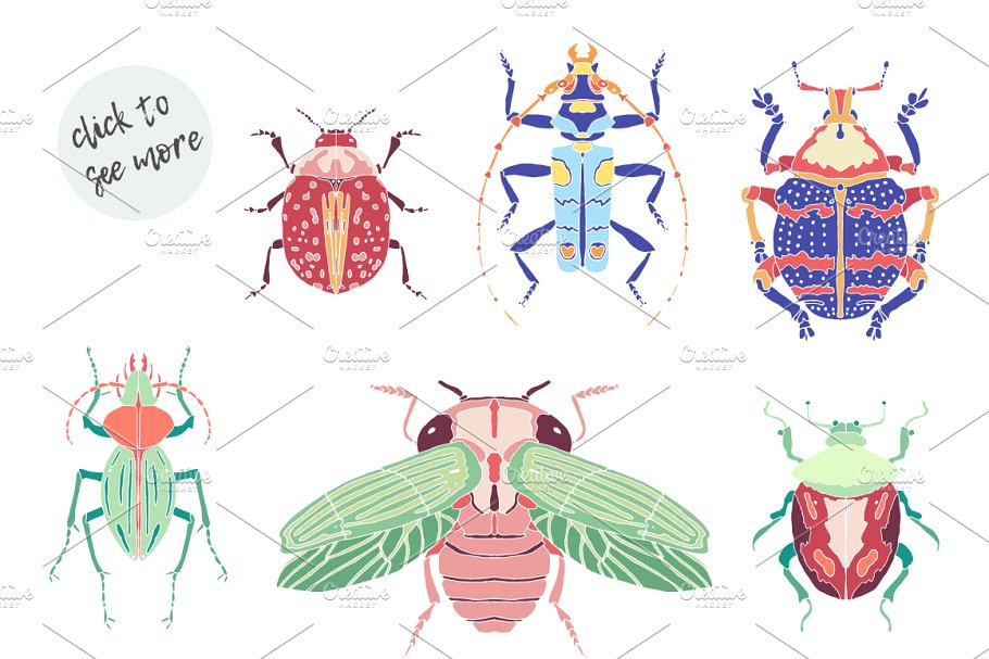 多彩多配色甲虫矢量水彩图案 Set of beautiful vector beetles插图(1)