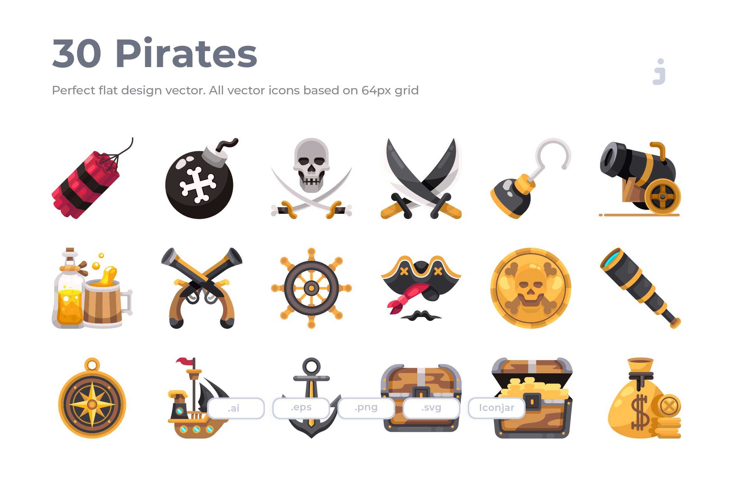 30枚海盗主题扁平化图标 30 Pirates Icons – Flat插图