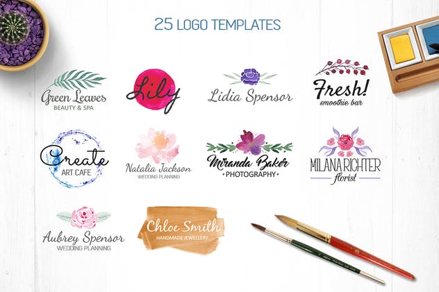 优雅水彩花卉品牌Logo徽标模板Vol.2 Watercolor Logo Templates Vol.2插图(2)