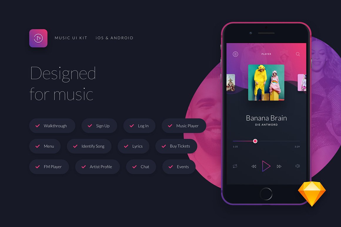 酷黑风格音乐应用设计 UI 套件 Music UI/UX Mobile App Kit插图