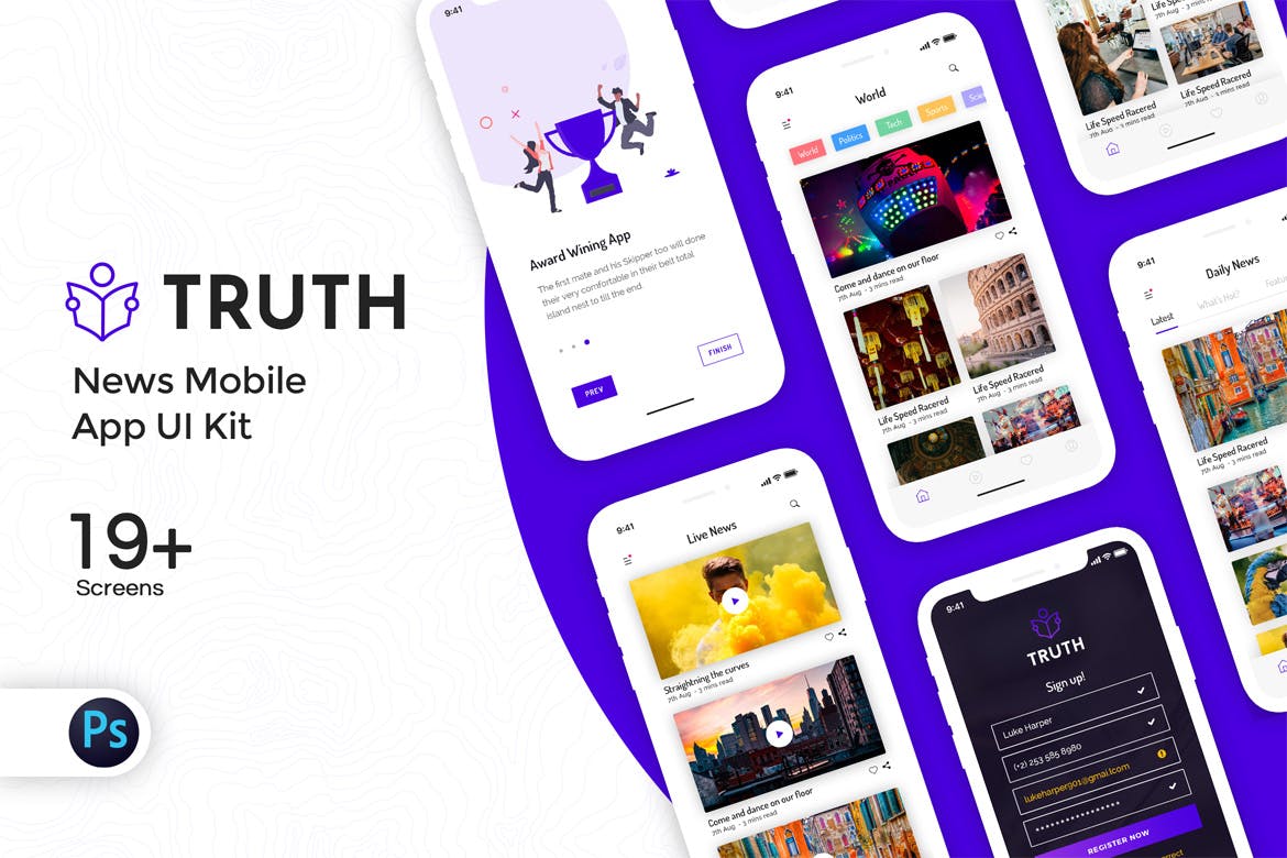 新闻资讯类APP应用用户交互界面UI设计套件 Truth: News Mobile App UI Kit插图(1)
