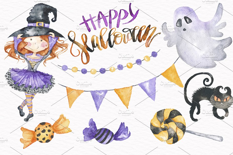 手绘水彩万圣节聚会剪贴画 Halloween Party Watercolor Clipart插图(1)