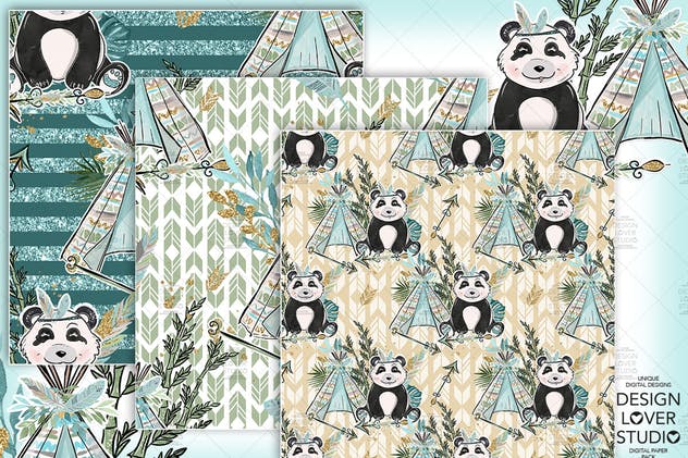 波西米亚风格熊猫无缝图案设计素材 Boho Panda digital paper pack插图(2)