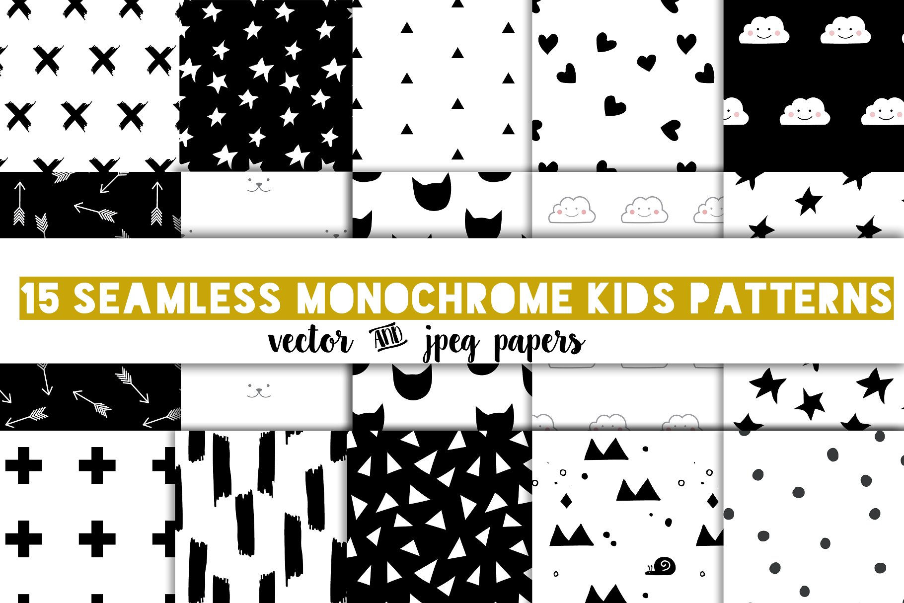 现代流行黑白单色儿童主题图案 Modern kids patterns,black and white插图