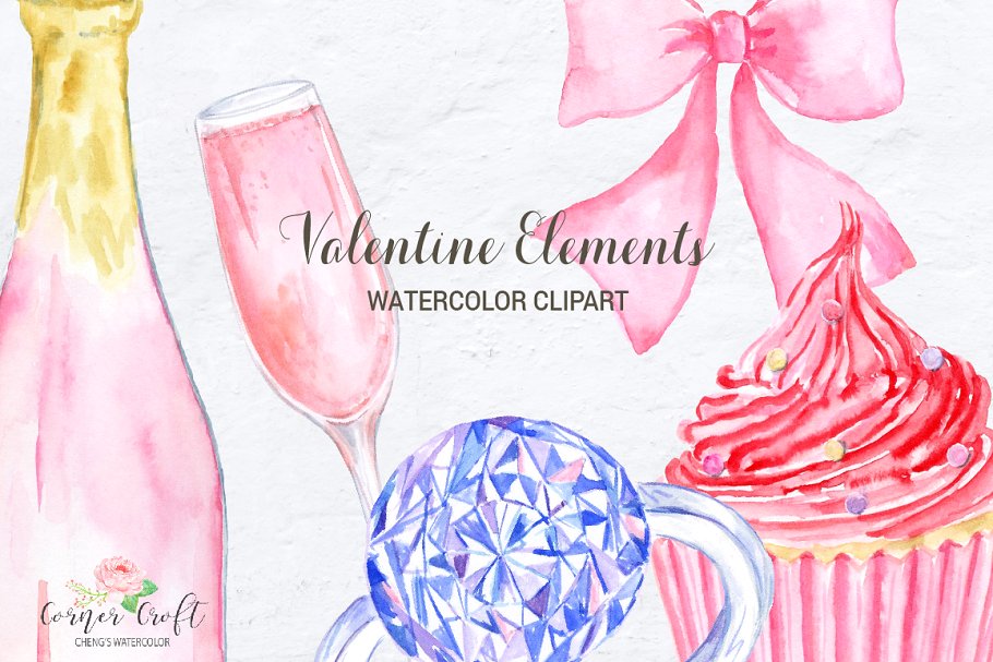 手绘水彩情人节元素剪贴画 Watercolor Valentine Elements插图(6)