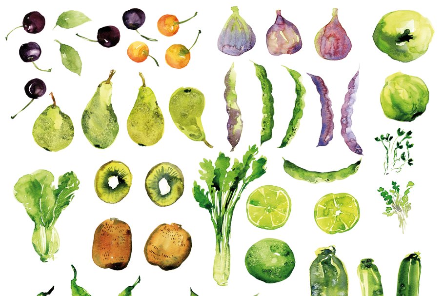 45款蔬果水彩剪切画素材 Watercolor Veggies and Fruits插图(1)