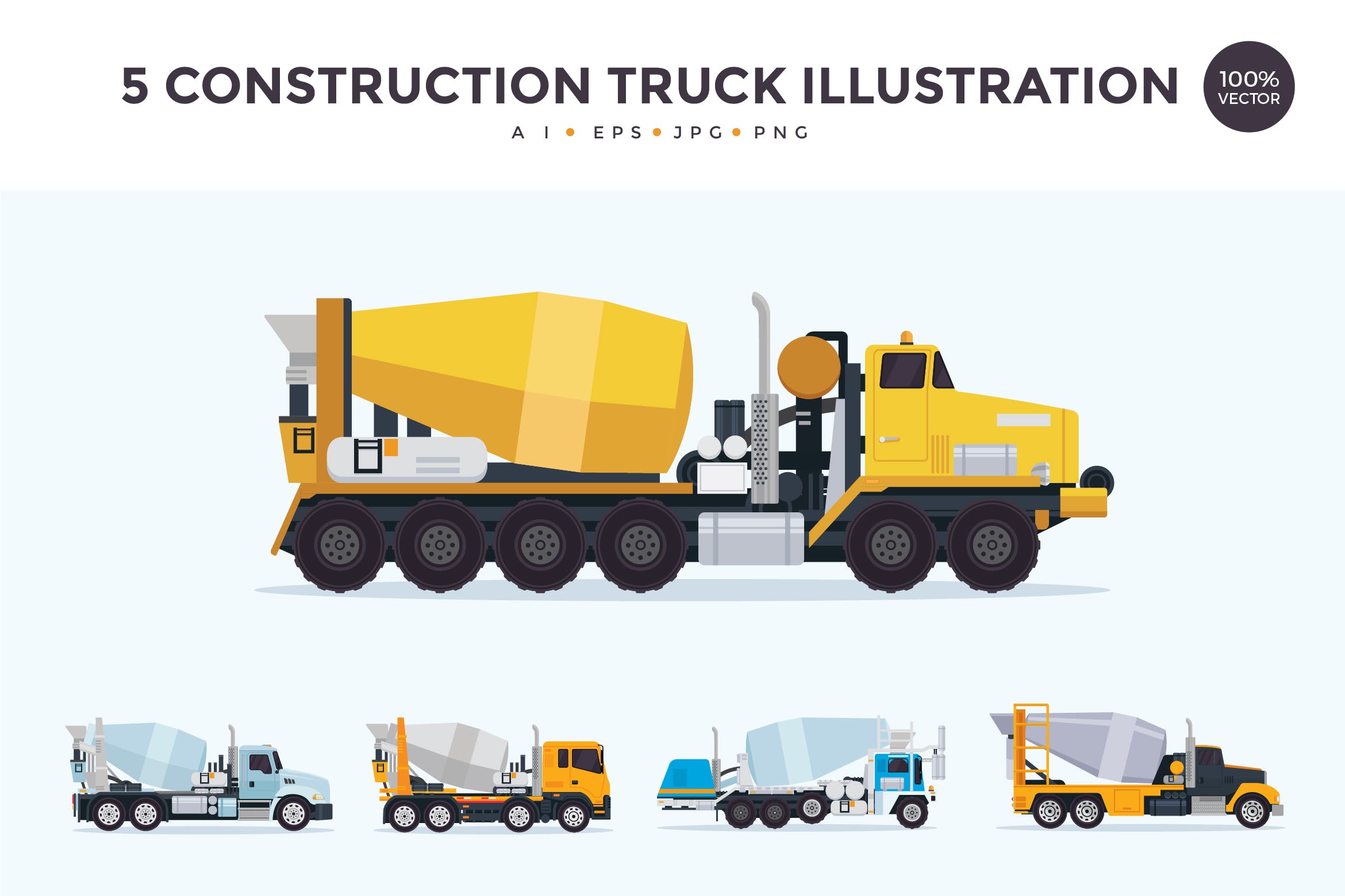 5个施工搅拌车/混凝土搅拌车矢量图形素材 5 Construction Mixer Truck Vector Illustration Set插图