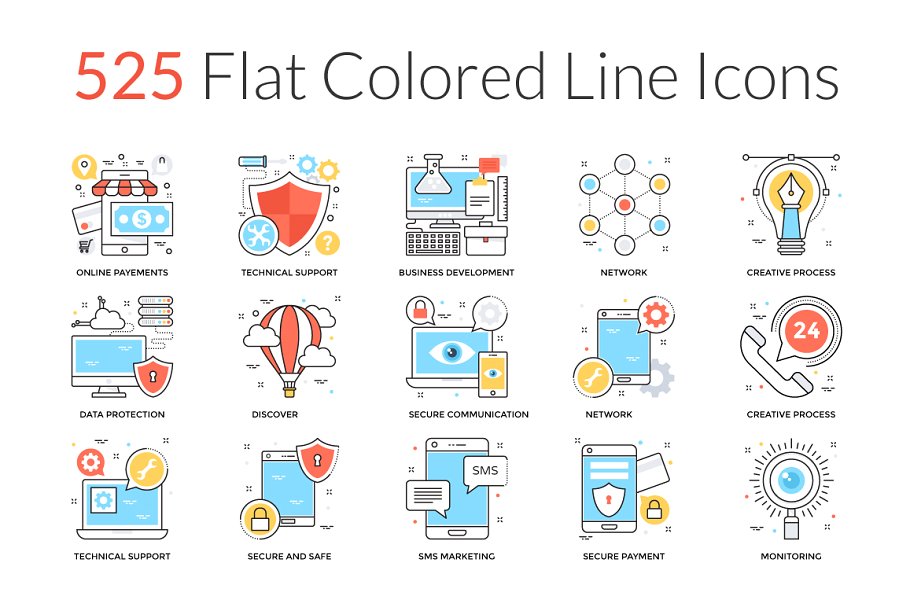 525枚扁平风格彩色线条图标 525 Flat Colored Line Icons插图