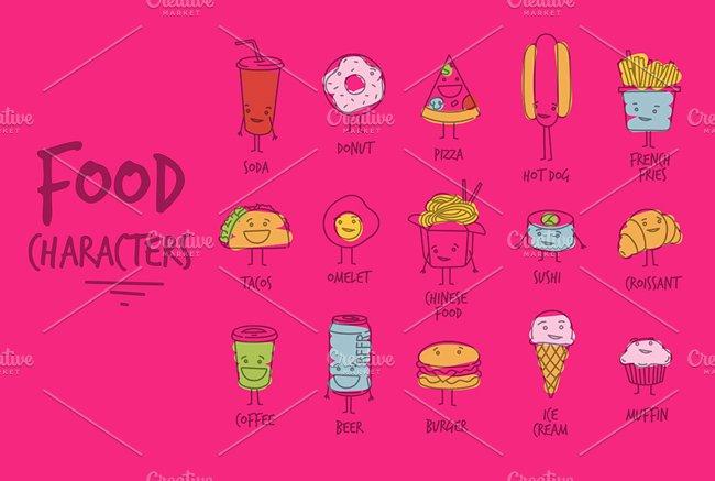 手绘甜点小吃矢量图案 Food Characters插图(1)