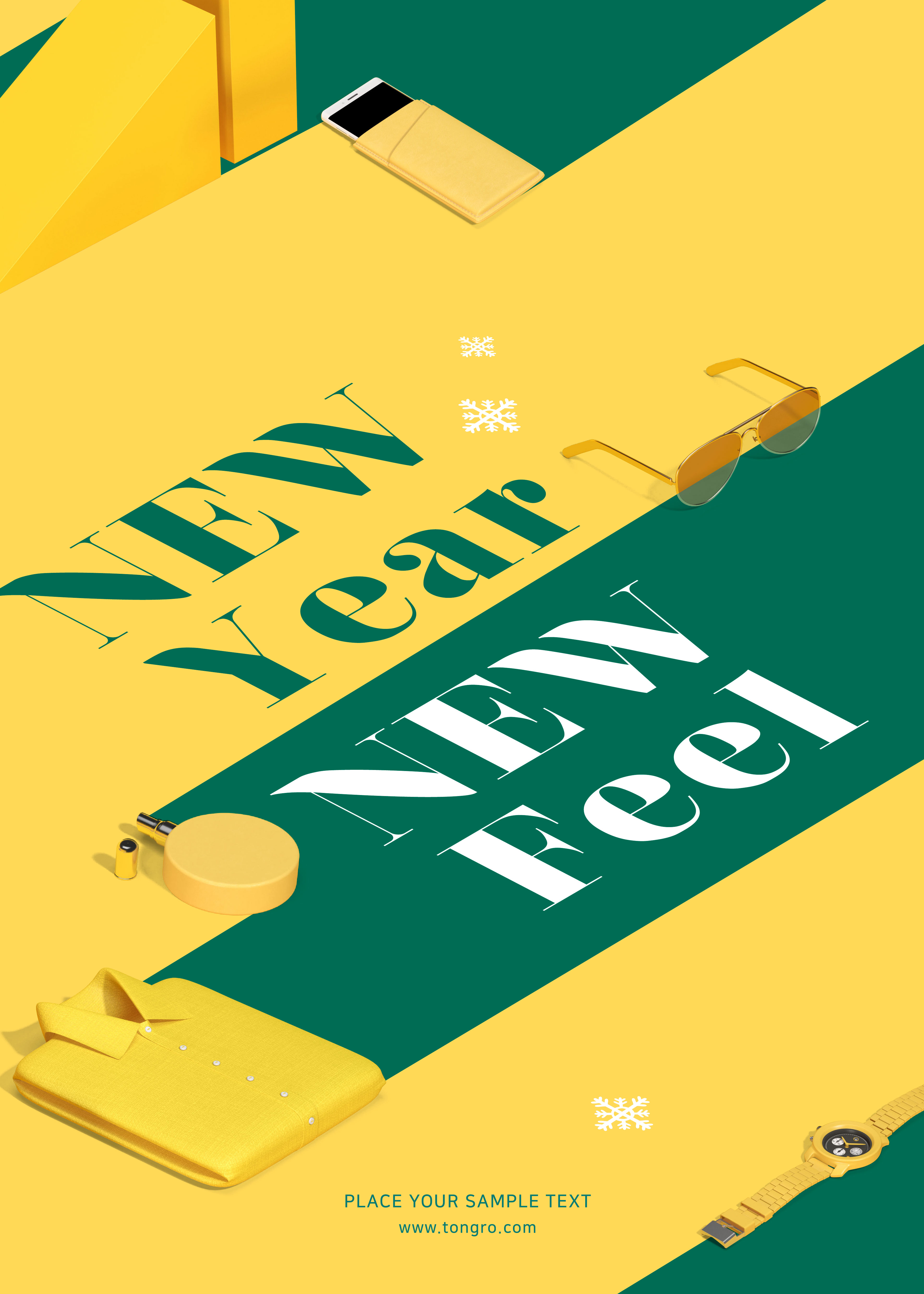 黄&绿混搭配色风格新年海波设计模板插图