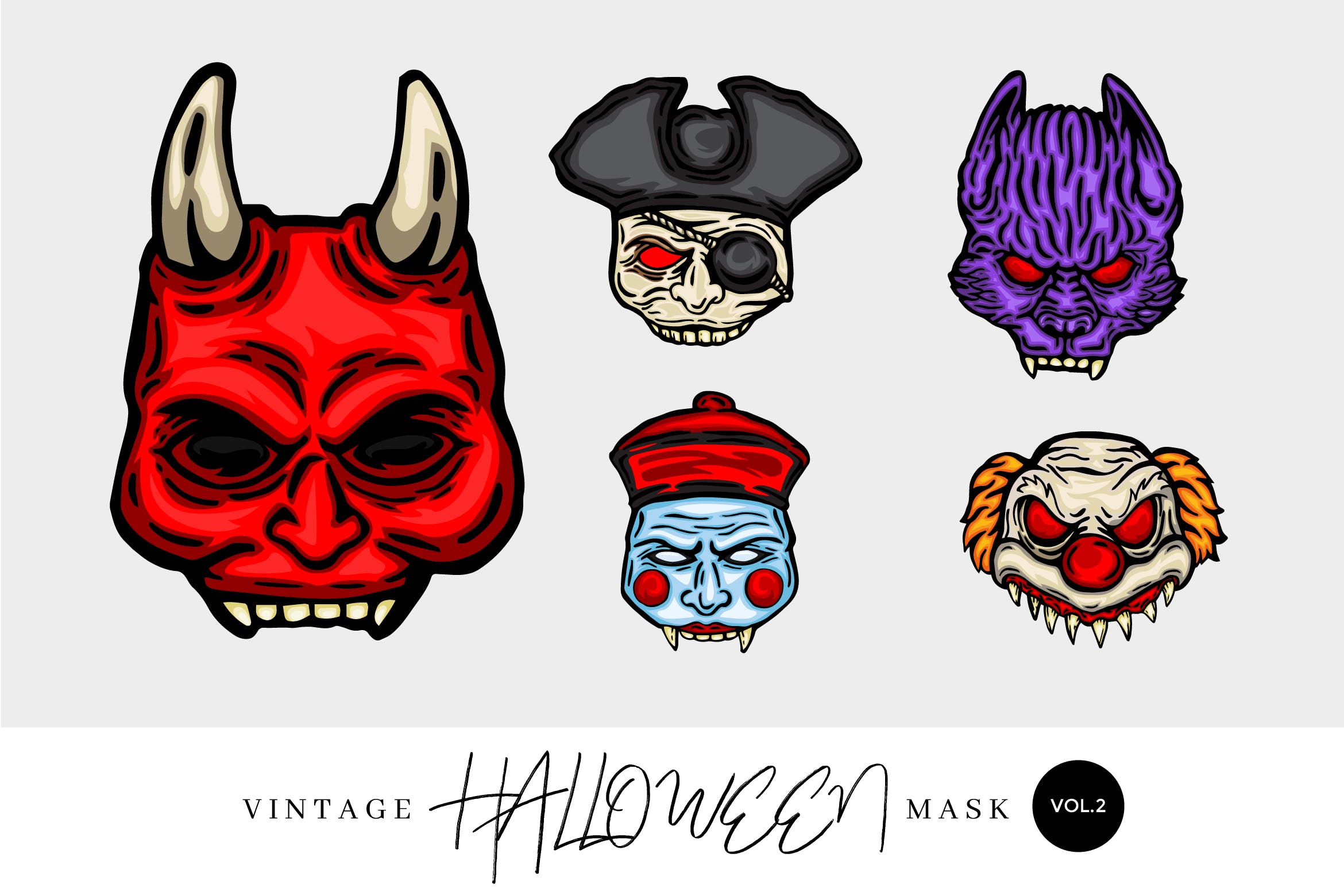 5个万圣节复古设计风格手绘面具矢量图形素材v2 5 Vintage Hand Drawing Halloween Mask Vector 2插图