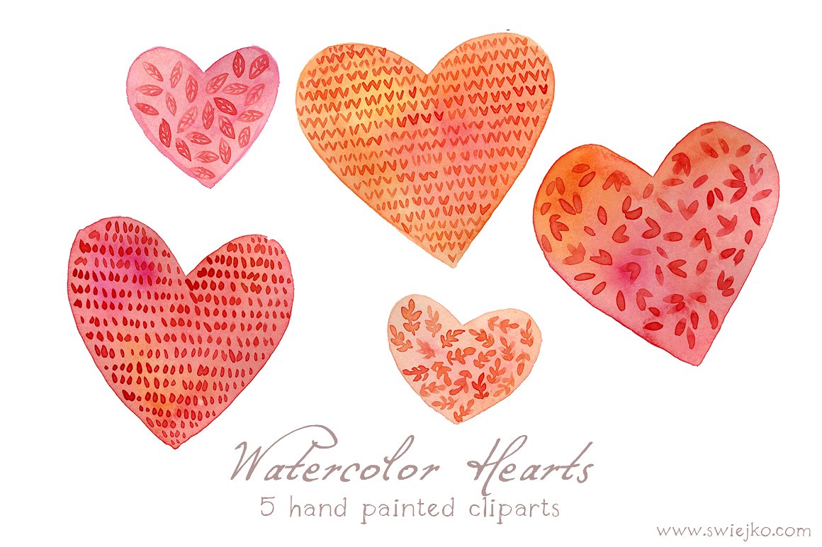多种图案风格水彩心形 Watercolor Hearts插图