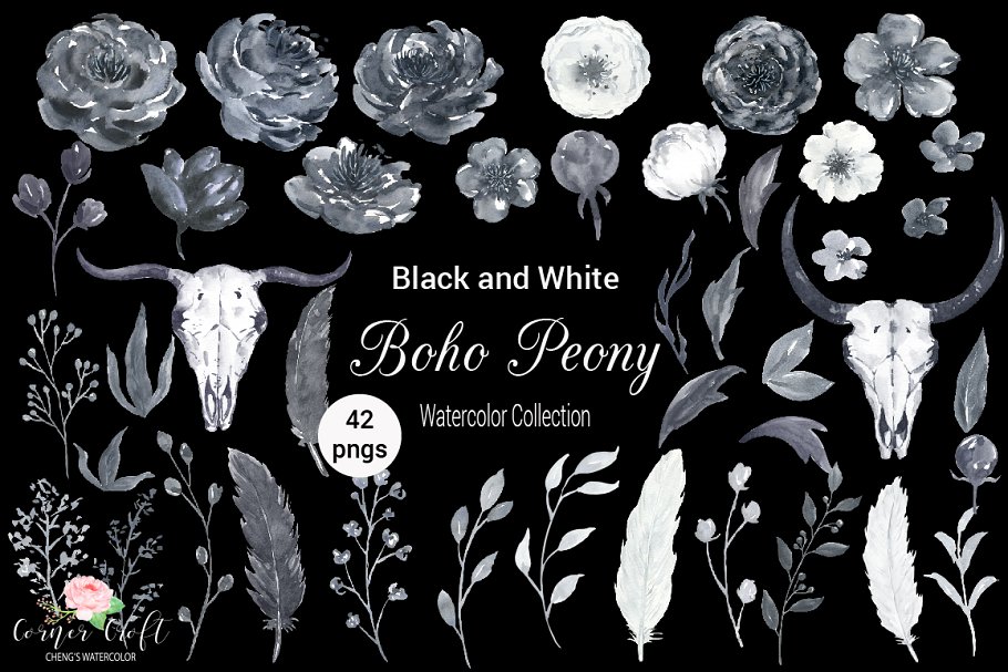 黑白色牡丹花水彩剪贴画 Boho Peonies Black and White插图(2)