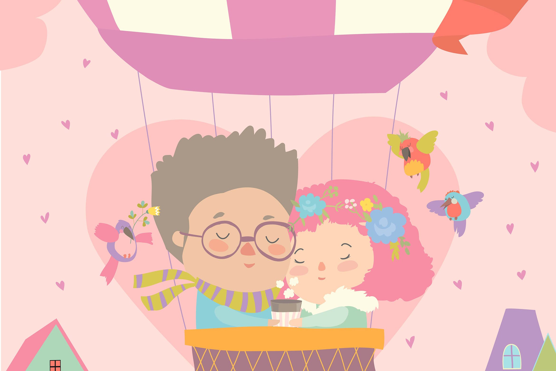 热气球情侣矢量手绘插画素材 Cute couple in love flying on air ballon. Vector插图