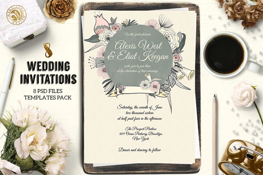 手绘花卉装饰婚礼邀请函设计模板合集 8 Wedding Invitations Pack插图(4)