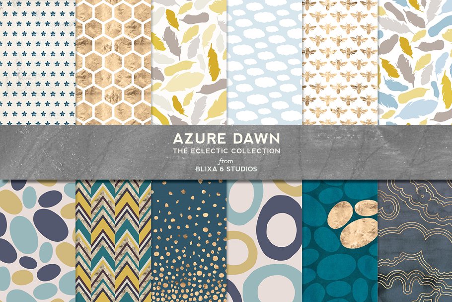 非常适合设计礼品包装纸的花样图案背景 Azure Dawn: Petrol & Gold插图