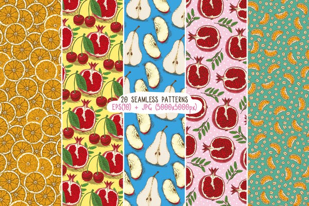 20款手绘水果图案无缝纹理第三波 Fruits Seamless Patterns Set插图(4)