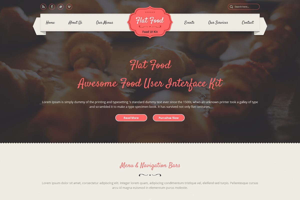 扁平风格食品/餐馆/咖啡品牌网站UI模板 Flat Food – Food, Restaurant, Cafe UI Kit插图
