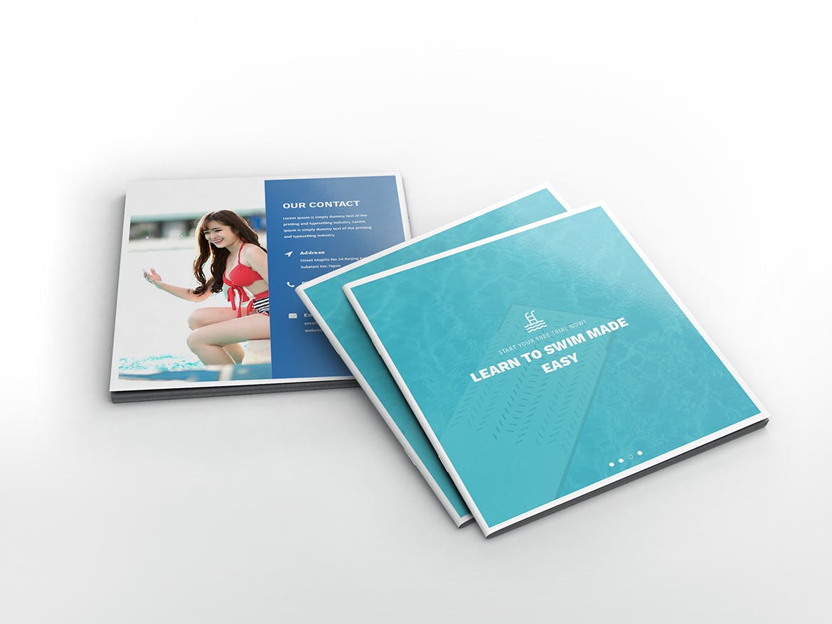 游泳培训课程方形宣传画册设计模板 Swimming Square Brochure Template插图(1)