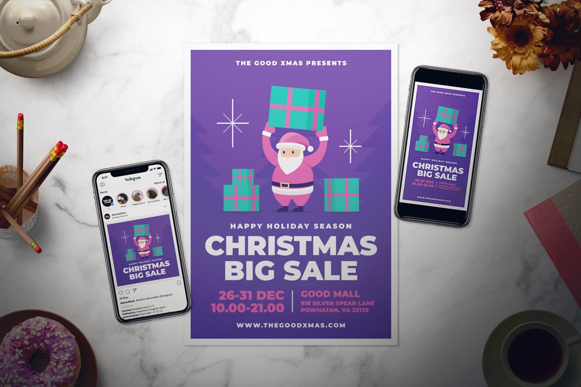圣诞老人&圣诞节礼品海报传单设计模板 Christmas Sale Flyer Set插图(1)