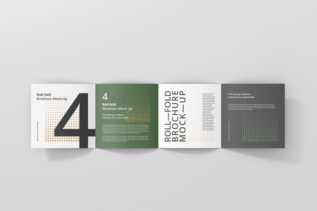 方形四折页折叠小册子传单样机 Roll-Fold Brochure Mockup – Square Format插图(11)