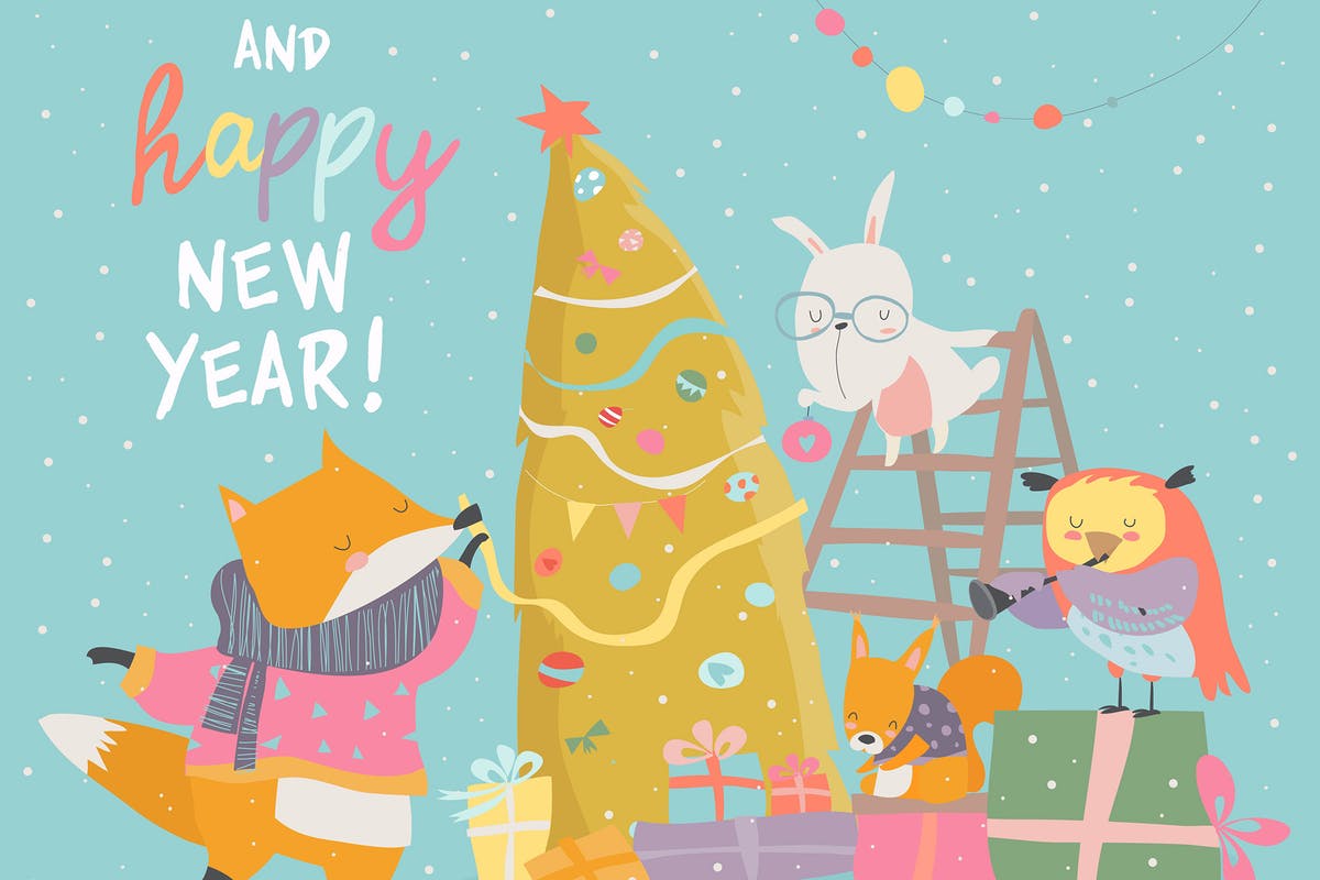 圣诞节主题风格卡通动物矢量插画 Cute Christmas greeting card with happy animals.插图