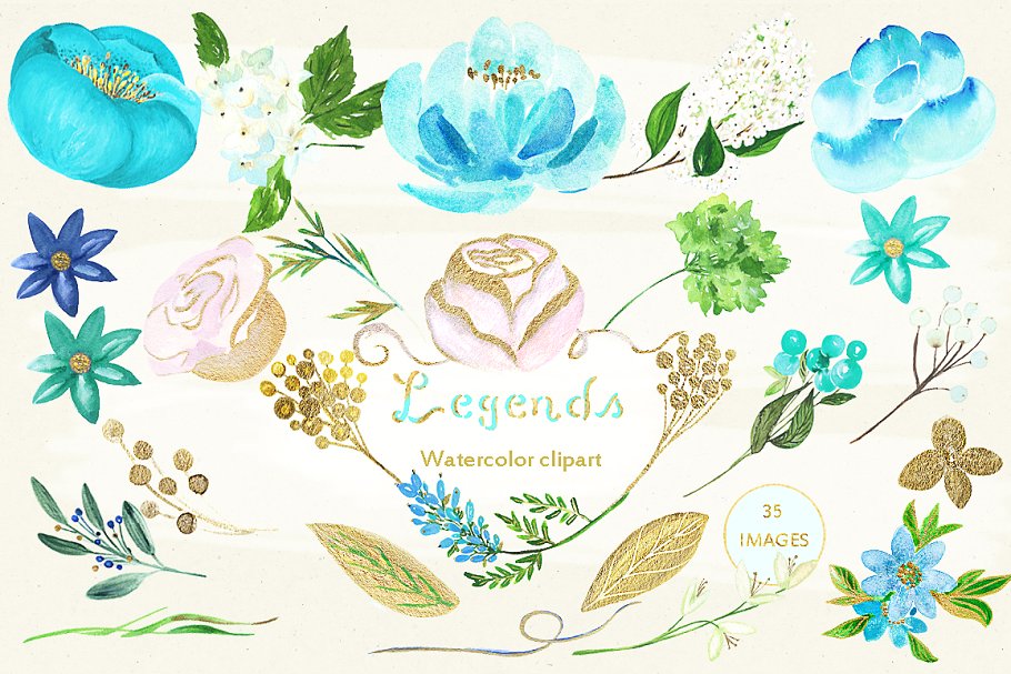 金色和蓝色水彩花卉插画 Gold & ligh blue. Watercolor flowers插图(2)
