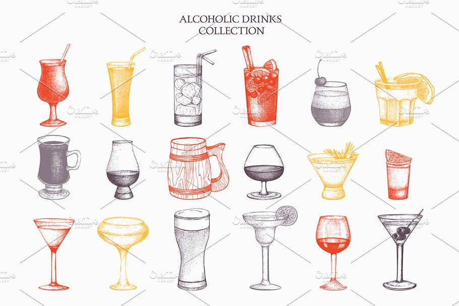 老式酒精饮料插图无缝纹理 Vector Alcoholic Drinks & Cocktails插图(1)