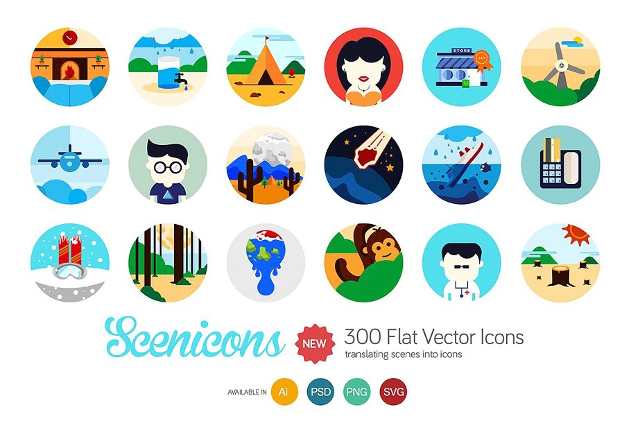 手绘插画图案扁平风格图标集 Scenicons Flat icons – 300 icons插图