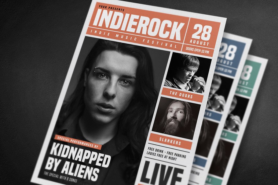 独立摇滚音乐报纸风格海报设计模板 Indie Rock Newspaper Style Flyer插图(4)