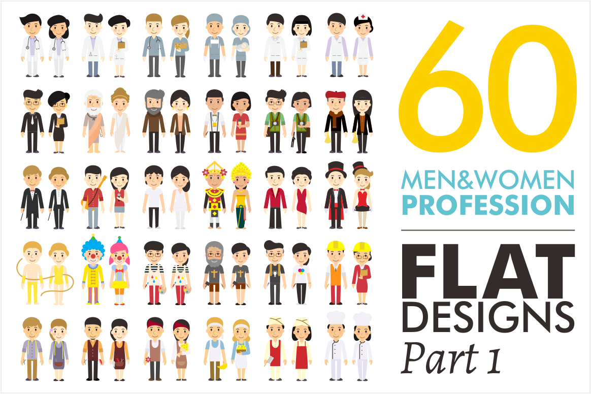 60枚各类职业形象两性性别扁平化图标 60 Men&Women Profession Flat Designs插图