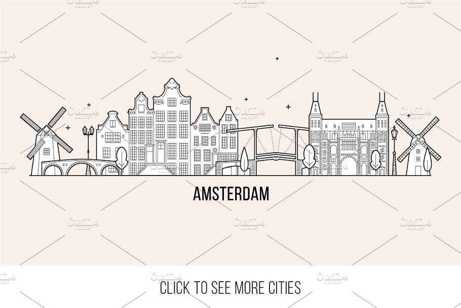 30款欧洲城市地标钢笔画矢量插画 Collection of 30 European cities插图(1)
