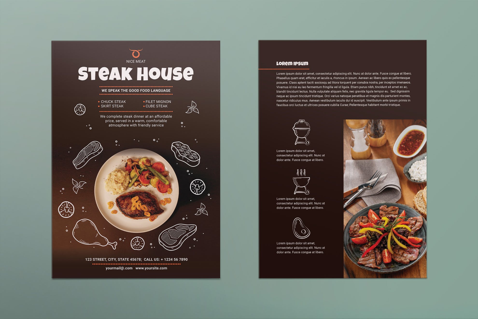 复古棕色餐厅宣传广告海报/菜单设计模板 Steak House Flyer插图(1)
