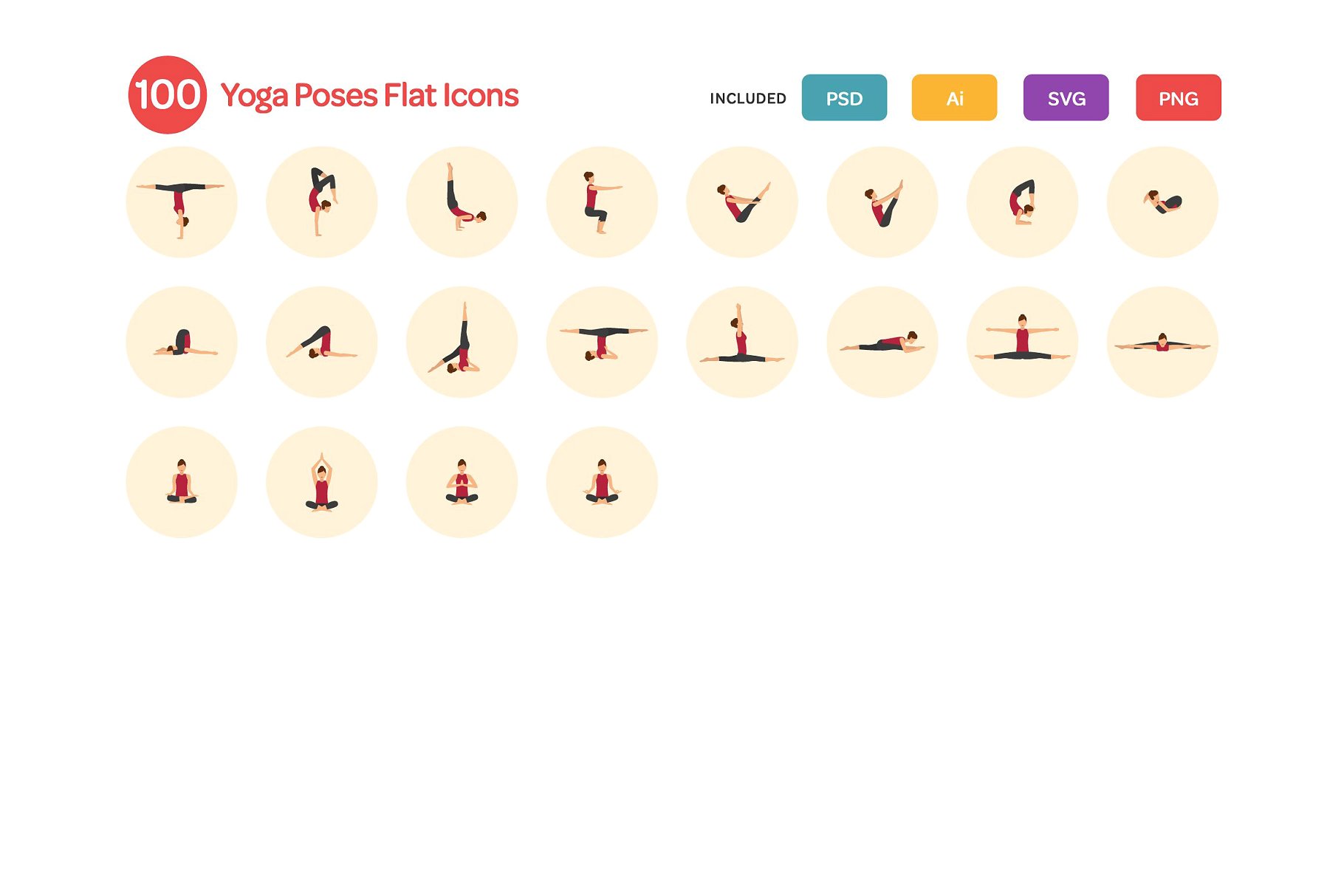 瑜伽动作扁平化图标 Yoga Poses Flat Icons Set插图(3)