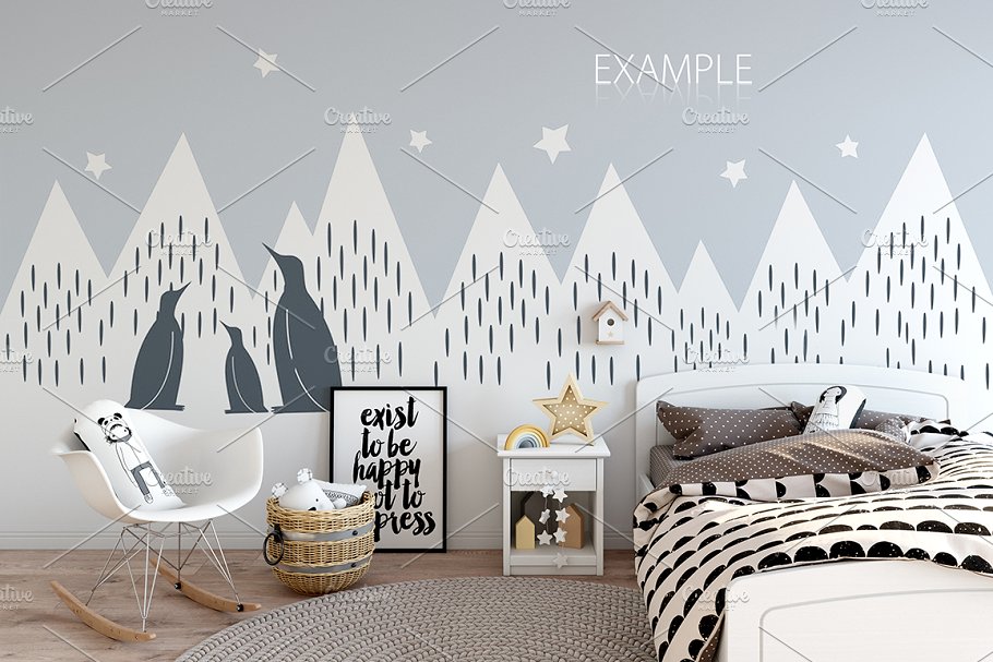 儿童主题卧室墙纸设计&相框样机 Interior KIDS WALL & FRAMES Mockup 2插图(35)