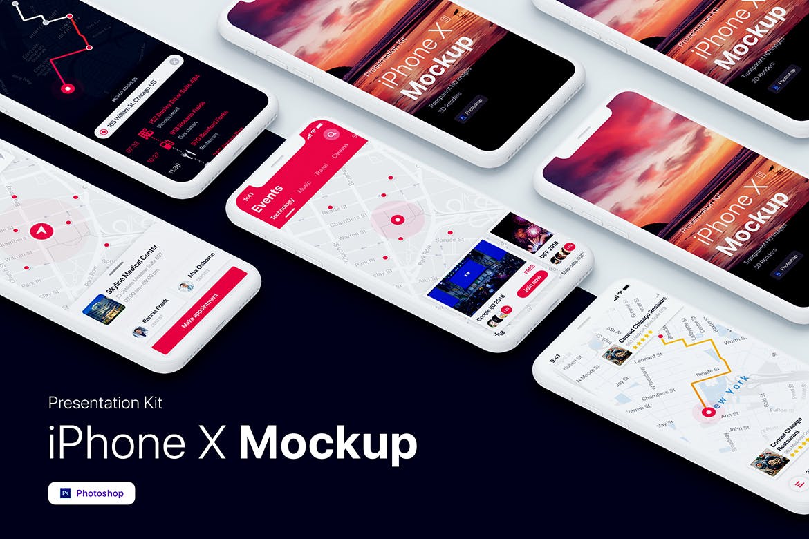 APP界面设计截图预览iPhone X手机样机模板v1 Presentation Kit – iPhone showcase Mockup插图(4)