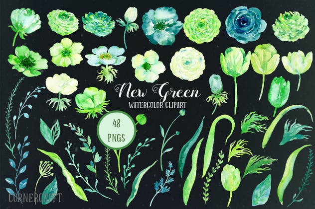 新绿色水彩主题设计插图套装 Watercolor Design Kit New Green插图(1)