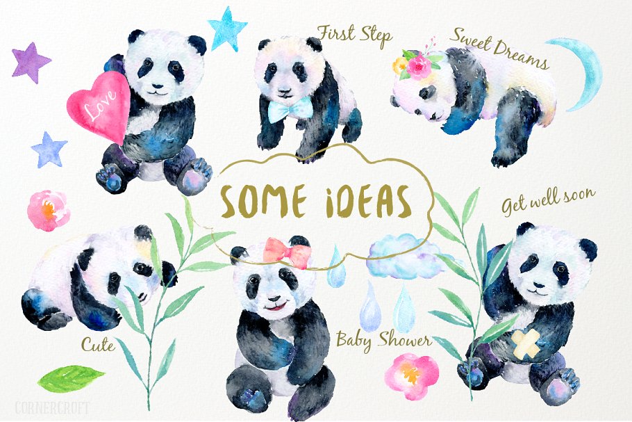 可爱熊猫宝宝水彩插画 Watercolor Panda Baby Illustration插图(2)
