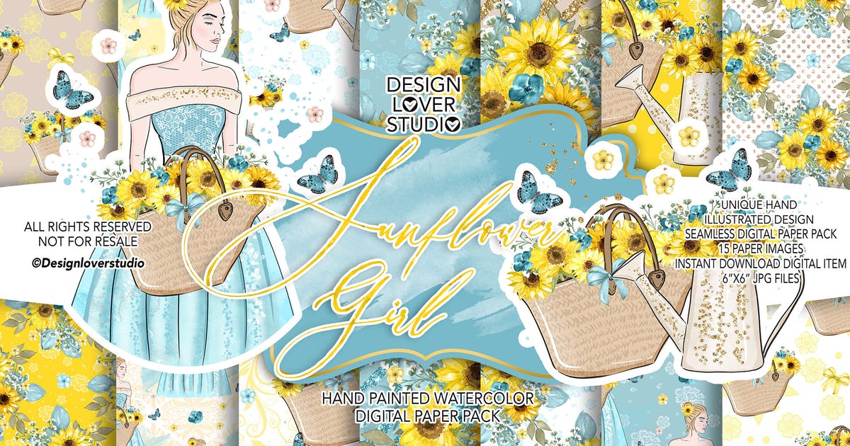 向日葵女孩水彩背景图案纹样设计素材 Sunflower Girl digital paper pack插图